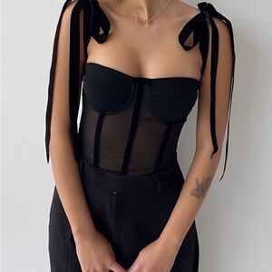 Commense Black Sheer Mesh Tie-Shoulder Crop Top